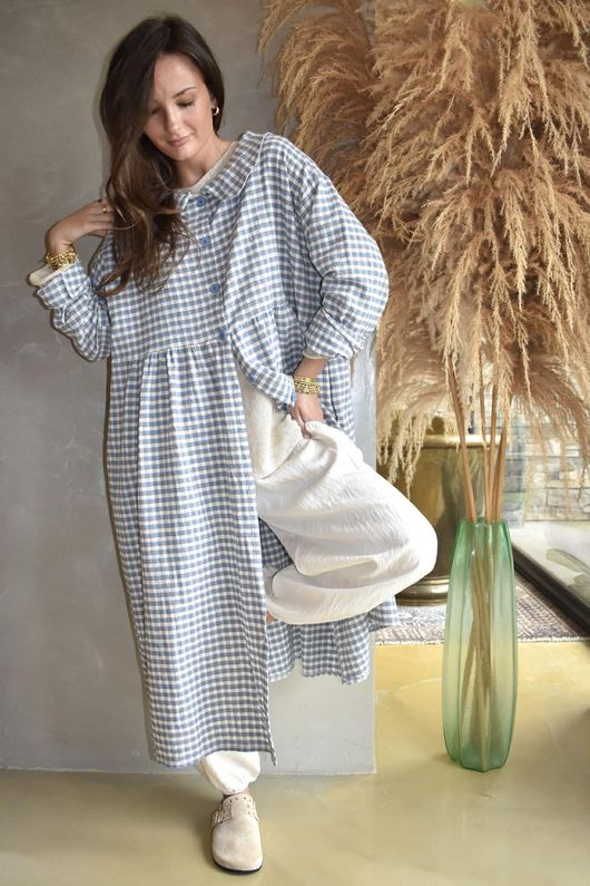 Annie Gingham Peter Pan Frock Coat Denim - 